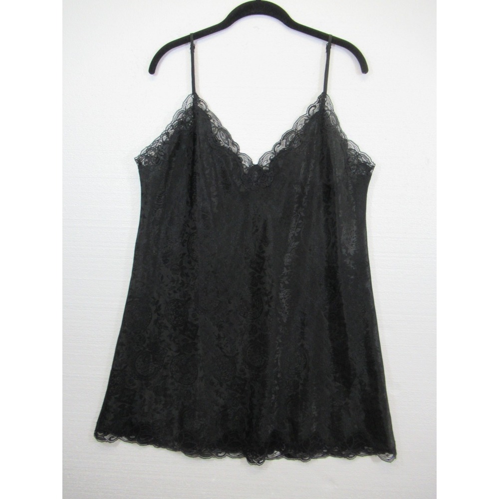 Vintage 90s Victoria's Secret Satin Slip Chemise Women Large Black Jacquard Lace